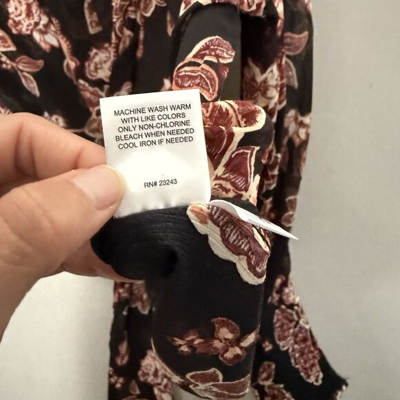 NY&Co Sheer Floral Blouse Medium Front Back Tie Neck  Fall Tones Ruched Sleeves - Picture 9 of 15